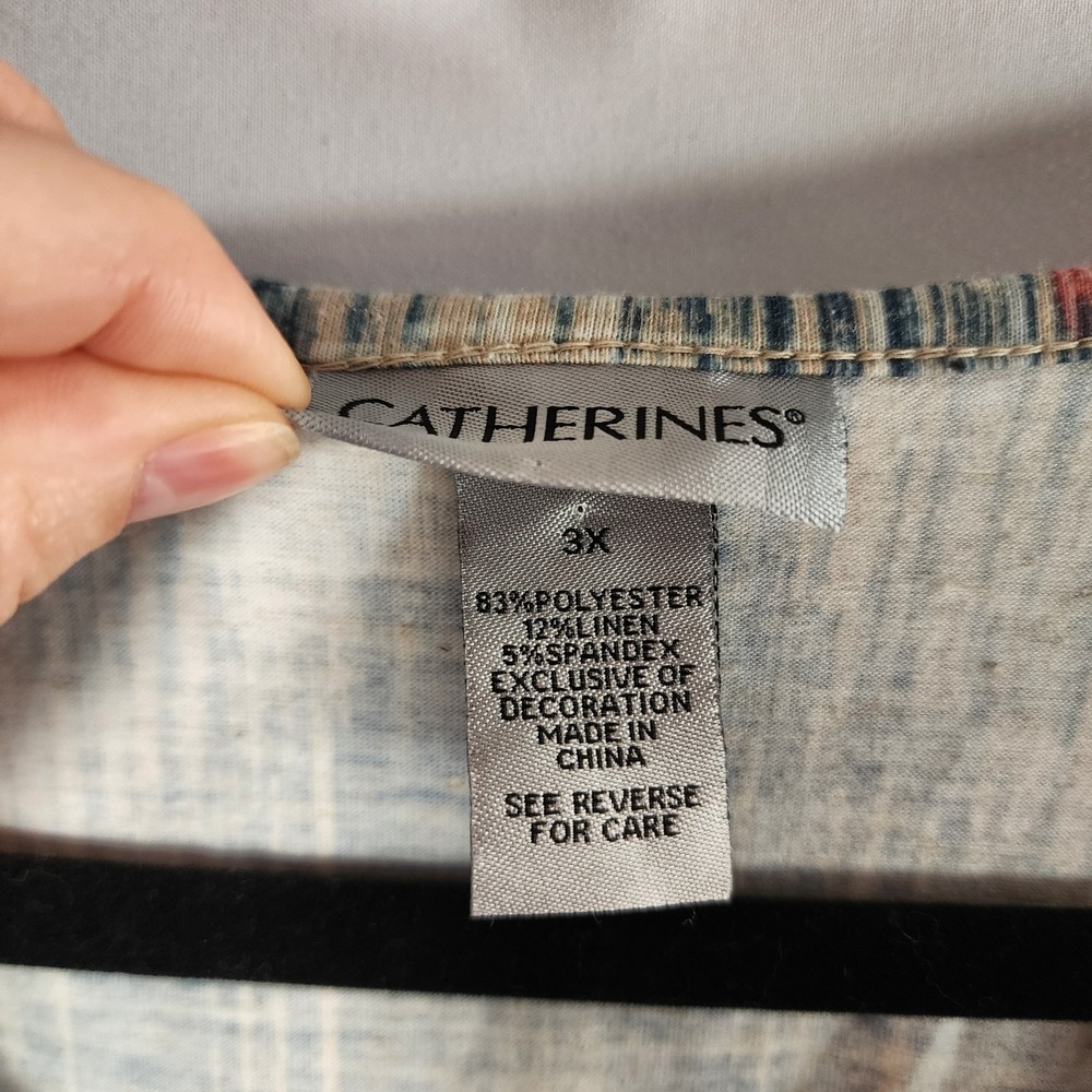 Catherines 3X Tunic Top Ikat Chevron Blue Coral Linen Blend Tassel V-Neck 3/4 Sl - Picture 6 of 9